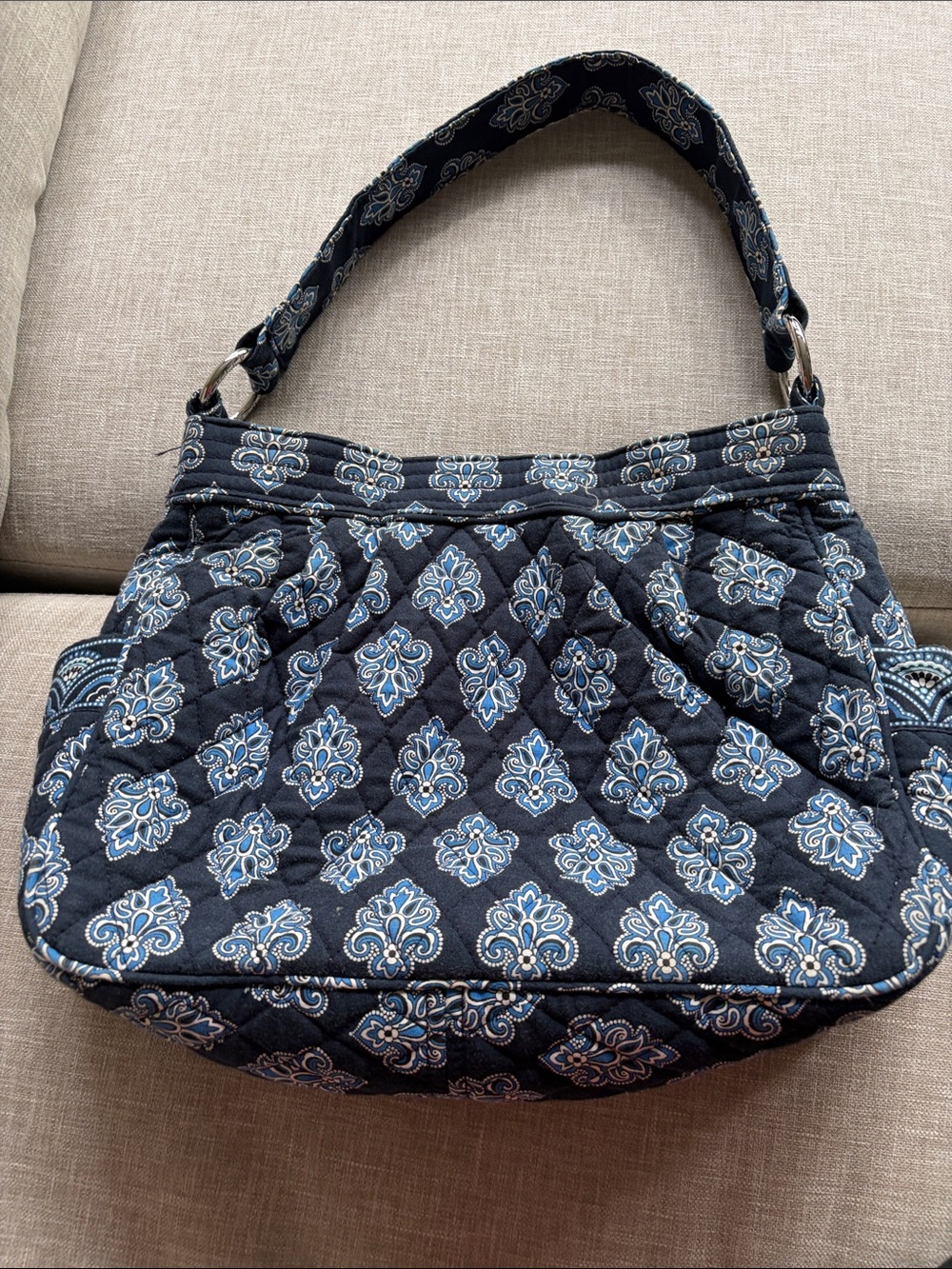 Vera Bradley Navy Quilted Shoulder Bag with Light Blue Floral Medallions